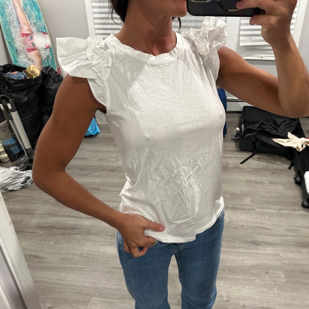 J. Crew White Flutter Sleeve Ruffled Blouse